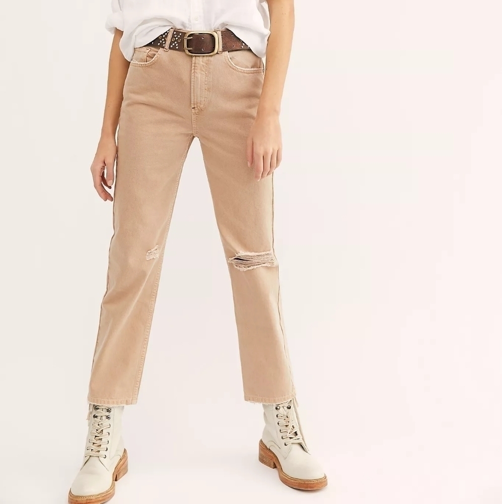 Free People Dakota Distressed Straight Leg Jeans khaki summer Size 28 NWT